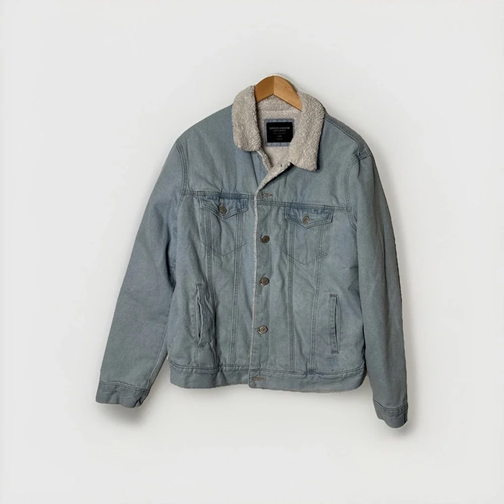 SUNRISE KINGDOM Sherpa Lined Light Wash Denim Jean Jacket Mens Size L